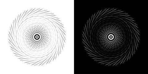 Abstract background with abstract line pattern in circles. Spiral art design as a logo or icon. A black figure on a white background and the same white figure on a black side. Mandala design with line