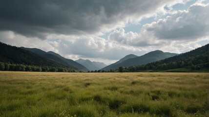 there is a field of grass with mountains in the background