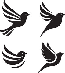 Four stylized black birds in flight.