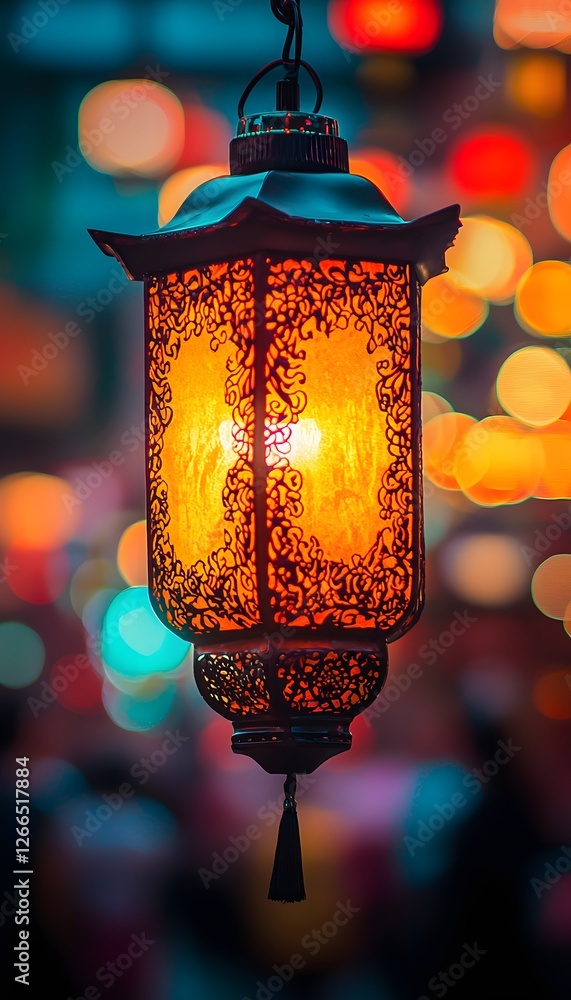 Aufkleber close-up of a single glowing lantern in a crowded street market, with vibrant warm hues creating a f