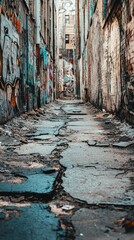 Fototapeta premium Narrow alleyway lined with graffiti and cracked pavement in city