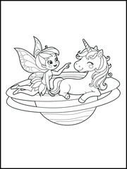 Black and white fairy coloring pages for kids. Children's coloring books with cute cartoon fairy and unicorn characters are in the space, fun and educational materials for kindergarten.
