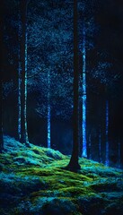 Fototapeta premium Side profile of a glowing bioluminescent forest at night, with vibrant blue and green hues illuminating the trees and mossy ground below