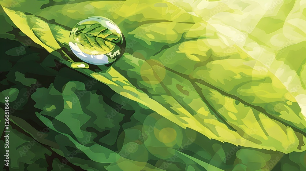 Aufkleber close-up of a drop of water resting on a vibrant green leaf, reflecting the surrounding environment 
