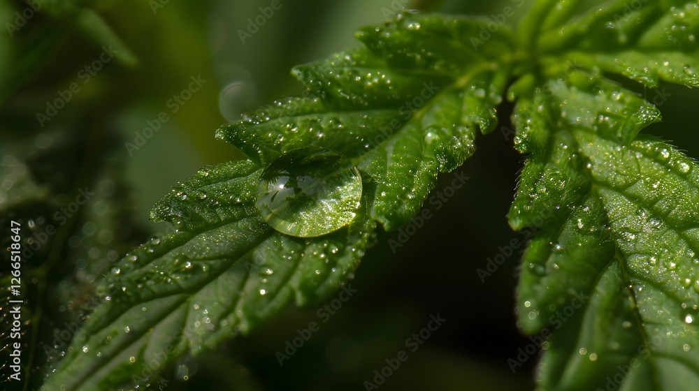 Poster close-up of a drop of water resting on a vibrant green leaf, reflecting the surrounding environment 