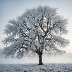 Fototapeta premium A mystical winter tree with bare frosted branches on a pure white background.