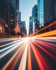 Car light trails blur on a city street at dusk. Urban travel and motion concept