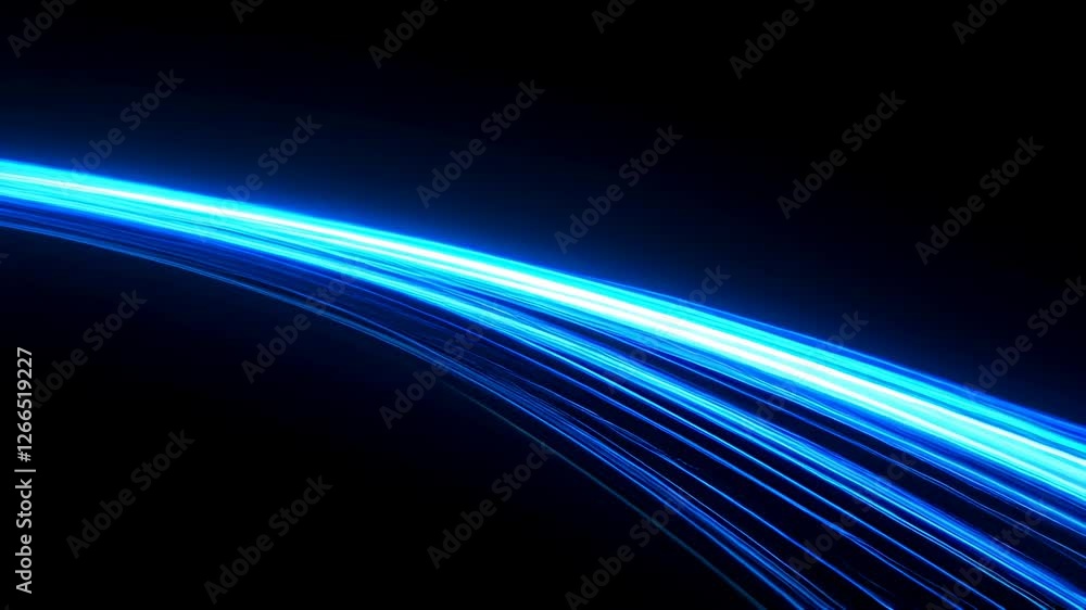 Poster glowing blue light trails forming dynamic abstract patterns on black background