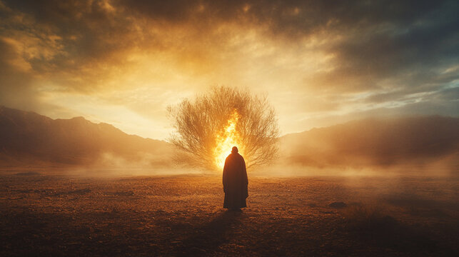 Moses stands in awe before the burning bush, a moment of divine revelation at twilight in a vast wilderness