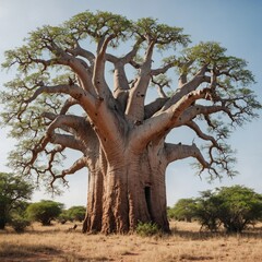 A massive ancient baobab tree with a thick trunk and sprawling branches on a pure white background.