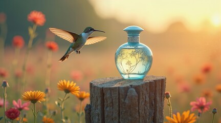 A hummingbird flies around a bottle of perfume. The bottle is blue with a pattern of white flowers. The scene unfolds in a field of pink flowers, creating a serene and peaceful atmosphere.