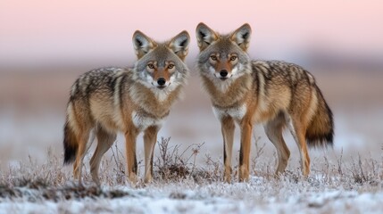 Obraz premium Two Coyotes in Snowy Field at Dawn