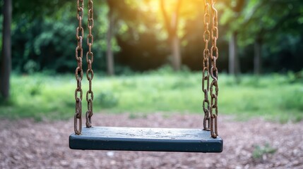Heartbroken Rendering Concept, Empty Swing Set at Twilight with Soft Light Filtering Through Trees in a Peaceful Outdoor Environment