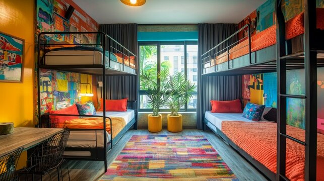 Colorful and Modern Dormitory Room with Bunk Beds and Artwork