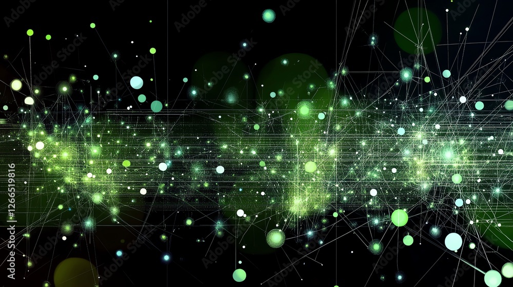 Poster abstract network connection with green nodes and lines on black background