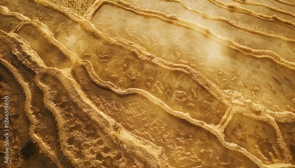 Poster Overhead view of a terraced rice field at sunrise, with intricate patterns reflecting golden light and soft mist rolling over the landscape