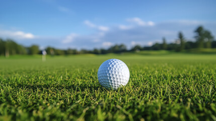 Obraz premium golf ball resting on lush green grass, ready for perfect shot on course