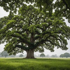 Fototapeta premium A majestic oak tree with lush green leaves on a pure white background.