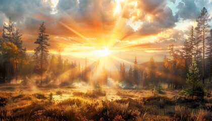 A peaceful forest clearing illuminated by golden morning light, with wildflowers scattered across the grass and tall trees framing the tranquil scene