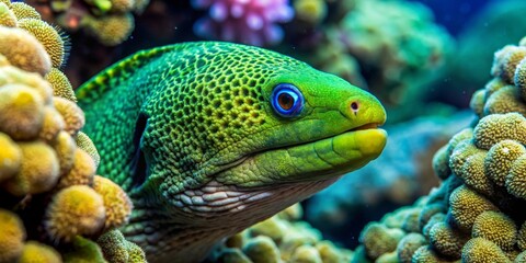 Close-up view of a vibrant green moray eel nestled amongst coral reefs