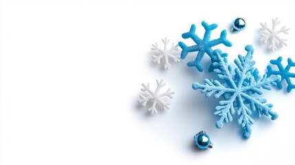 Fototapeta premium Blue and White Snowflakes with Blue Christmas Decorations on Isolated Background. Generative AI