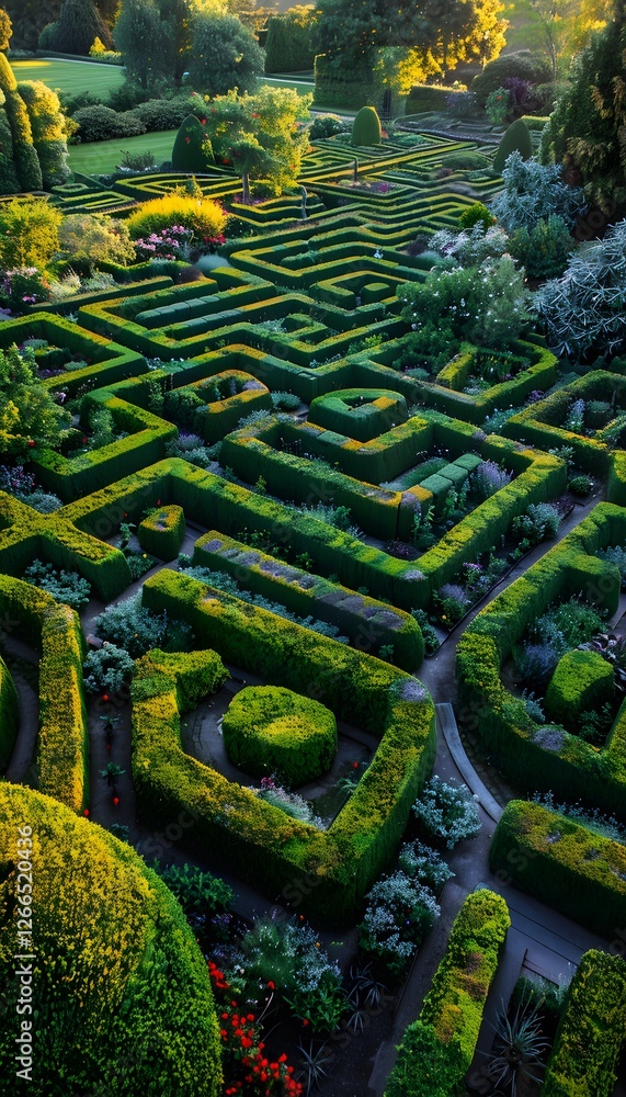 Poster overhead shot of a vibrant garden maze with symmetrical hedges and colorful flowerbeds forming intri