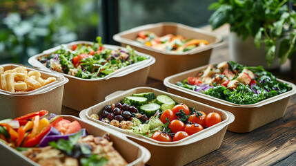 Fototapeta premium Vibrant organic takeout food offerings in eco-friendly containers on a rustic wooden table