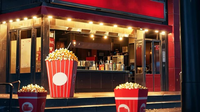 Video footage of A brightly lit concession stand featuring large containers of freshly made popcorn, creating a warm and inviting atmosphere set at a movie theater