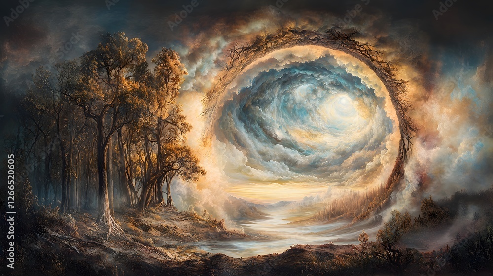 Aufkleber a dreamlike forest with glowing trees and a translucent river flowing uphill into a swirling portal 