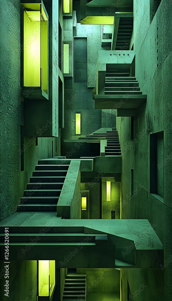 Aufkleber an abstract composition of endless staircases and floating doors in a gravity-defying space, with ea