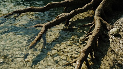 Clear water,  tree roots extending into shallows, pebble beach, sunlight