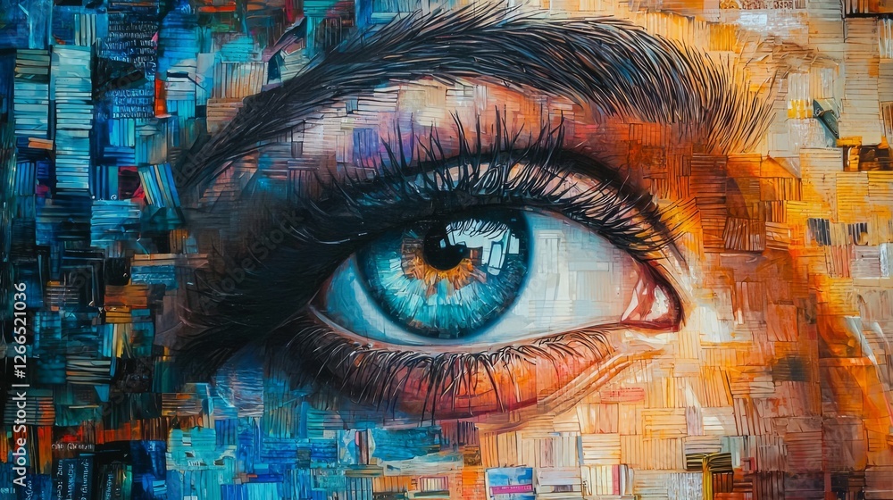 Poster close-up of a realistic eye with colorful textured background