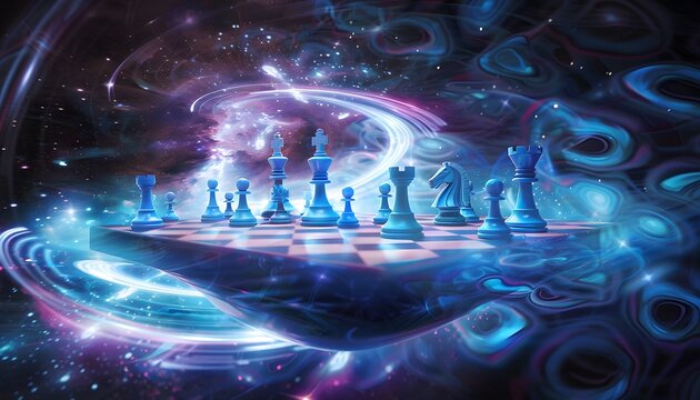 A levitating chessboard with pieces made of glowing energy, suspended in a void with cosmic patterns swirling in the background