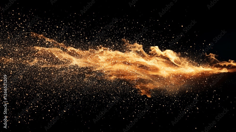 Poster golden sparks emanating from a bright source in dark background