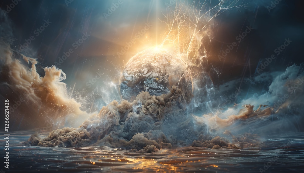 Poster a floating orb encased in liquid metal, with ripples forming across its surface and faint beams of l