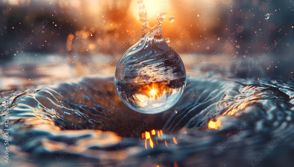 Poster a floating orb encased in liquid metal, with ripples forming across its surface and faint beams of l
