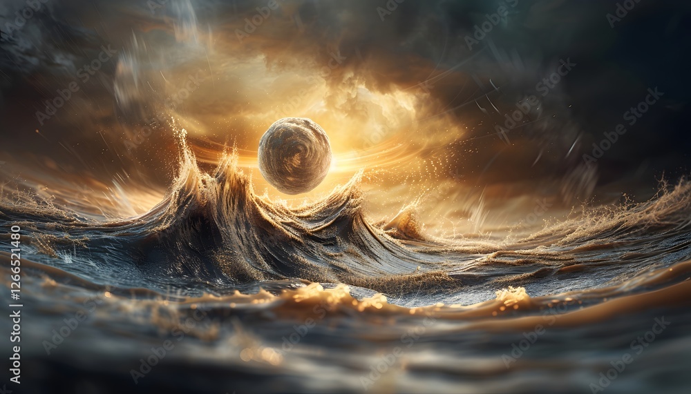 Poster a floating orb encased in liquid metal, with ripples forming across its surface and faint beams of l