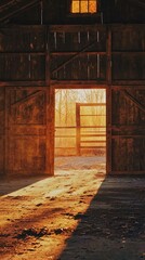 Sunlit Barn Doorway with Warm Golden Glow and Rustic Texture