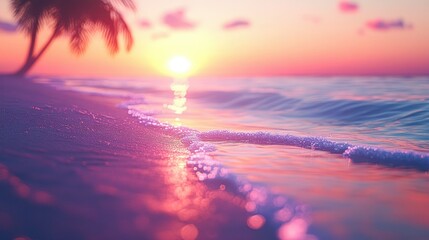 Serene Sunset on Tropical Beach: Pink Hues and Gentle Waves