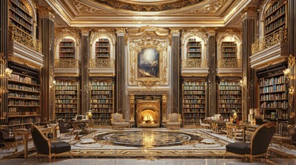 Obraz premium Elegant Grand Library Interior with Golden Accents and Artwork
