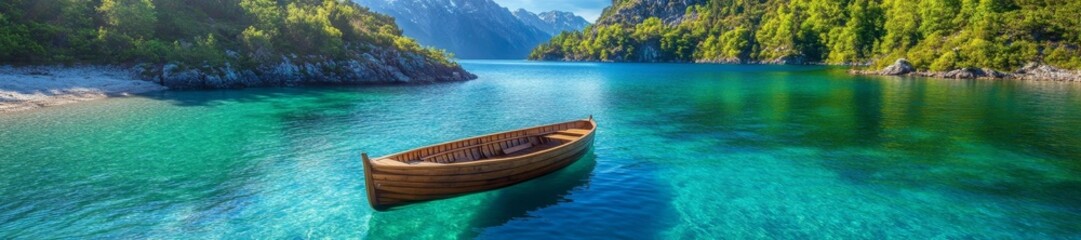 Naklejka premium Serene Crystal Clear Water with a Wooden Boat on Calm Lake. Generative AI