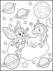 Black and white fairy coloring pages for kids. Children's coloring books with cute cartoon fairy and unicorn characters are in the space, fun and educational materials for kindergarten.
