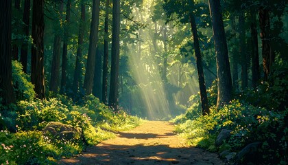 Obraz premium Ground-level shot of a serene forest path, with towering trees and dappled sunlight filtering through the dense canopy