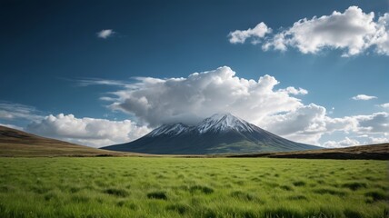 Naklejka premium there is a large mountain in the distance with a field of grass