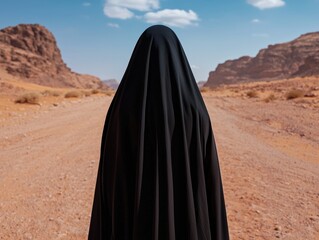 Naklejka premium A person in a black robe standing in a desert landscape.