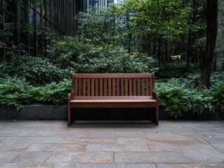 Fototapeta premium A wooden bench sits in a quiet urban garden.