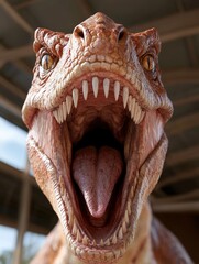A close-up of a dinosaur with its mouth open.