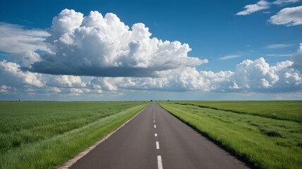 arafed road with a white line going through a green field