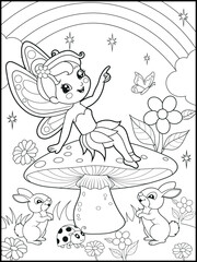 Black and white fairy coloring pages for kids. Children's coloring books with cute cartoon fairy characters, fun and educational materials for kindergarten.
