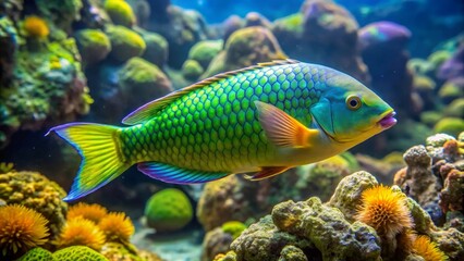 Fototapeta premium Vibrant Parrotfish in a Lush Underwater Paradise, Swimming Amongst Coral and Sea Flora